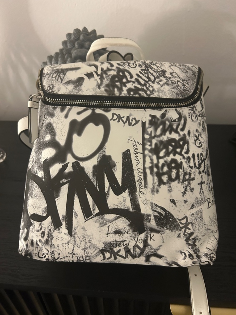 DKNY White and Black Graffiti Print Leather Backpack
